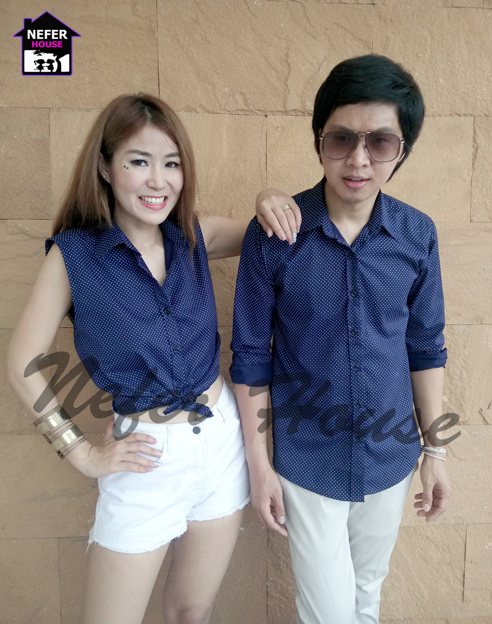 เสื้อคู่สวยๆ เชิ๊ตแขนสั้น มาพร้อมกับเสื้อเชิ๊ตแขนกุดผู้หญิง