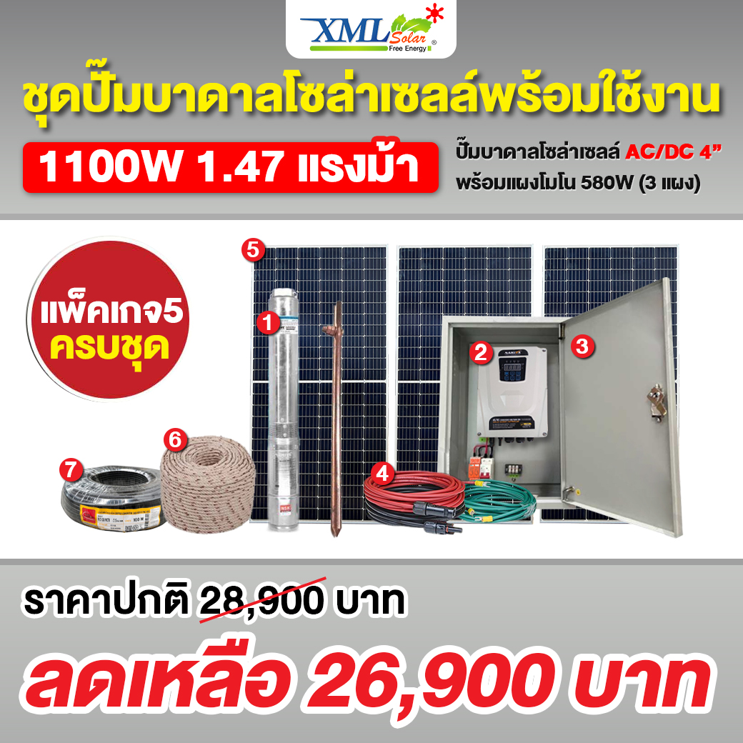 ชุดปั๊มบาดาลโซล่าเซลล์ AC/DC 1100W 4/2 นิ้ว + แผง MONO 580W (3แผง) + ชุด ตู้ปั๊มโซล่าเซลล์