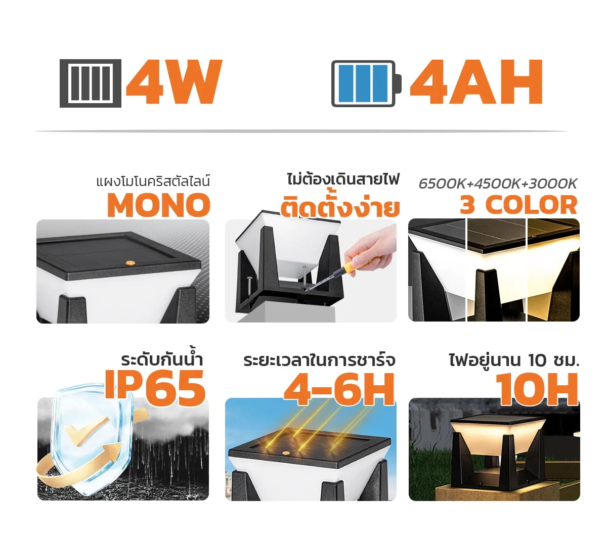 โคมไฟหัวเสาโซล่าเซลล์ รุ่น MD-SPL (เปิดได้ 3 แสง)
