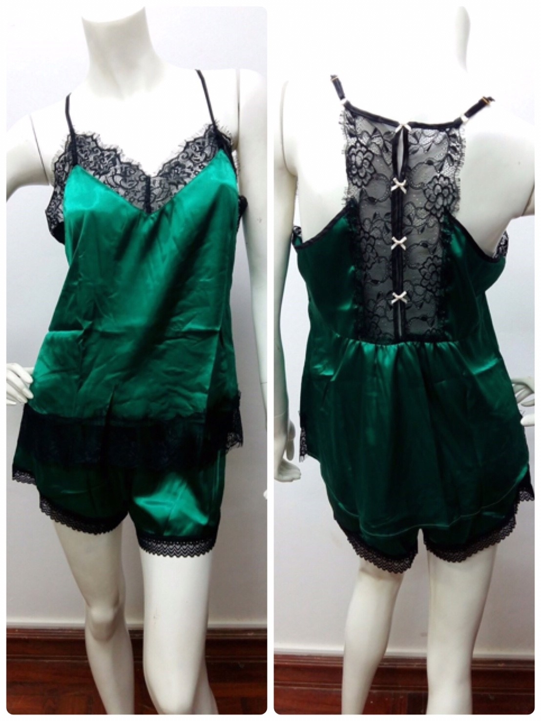 ชุดนอนผ้าซาตินเซ็ตสองชิ้น แต่งลูกไม้ ซีทรูด้านหลังสุดเซ็กซี่ ฟรีไซส์ มี 4 สี เขียว ชมพู แดง ฟ้า ราคาส่ง 3 ชิ้น คละแบบได้ชุดละ 450 บาท