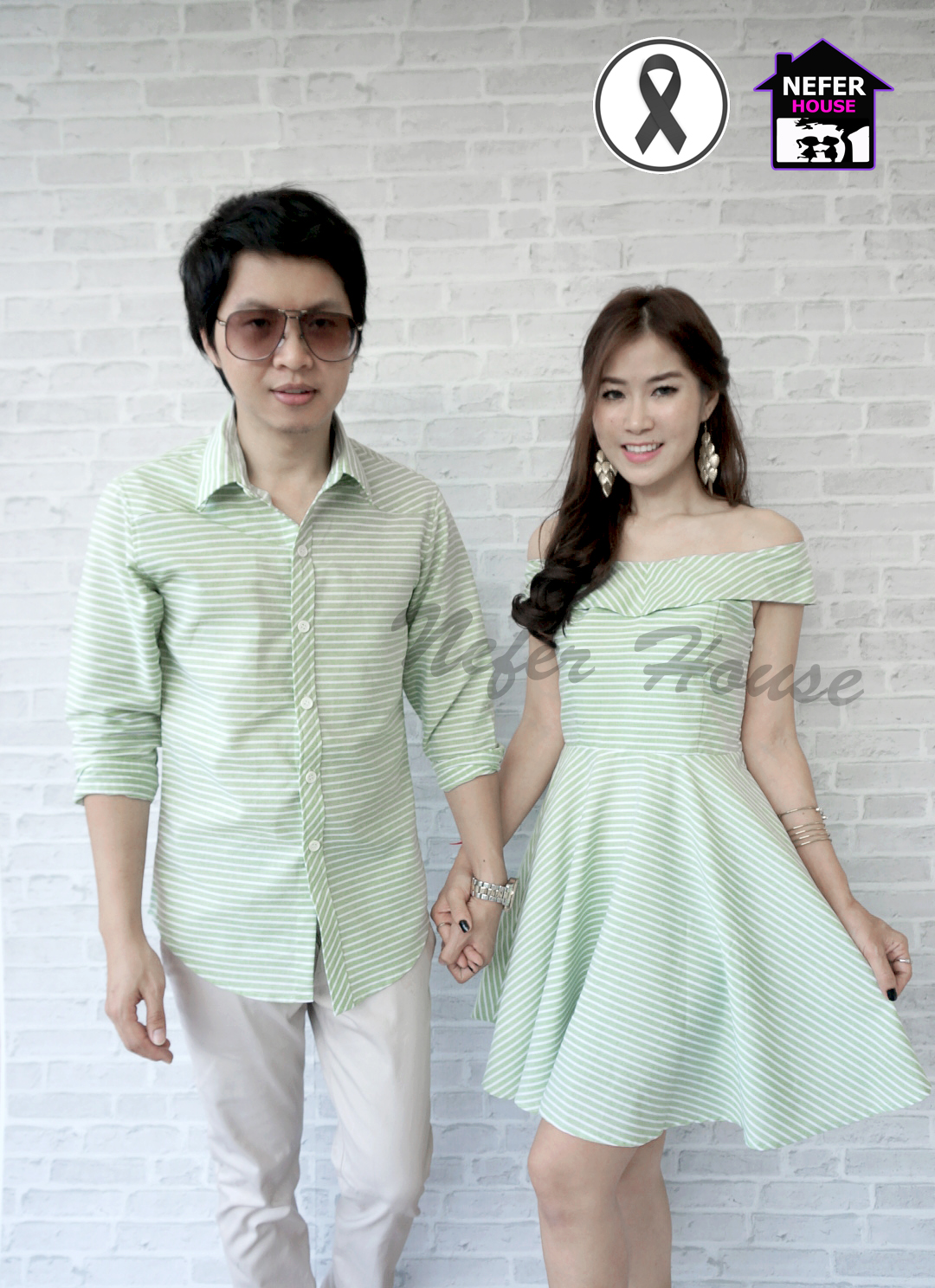 ชุดคู่รักออกงานสีเขียวริ้วขาว*