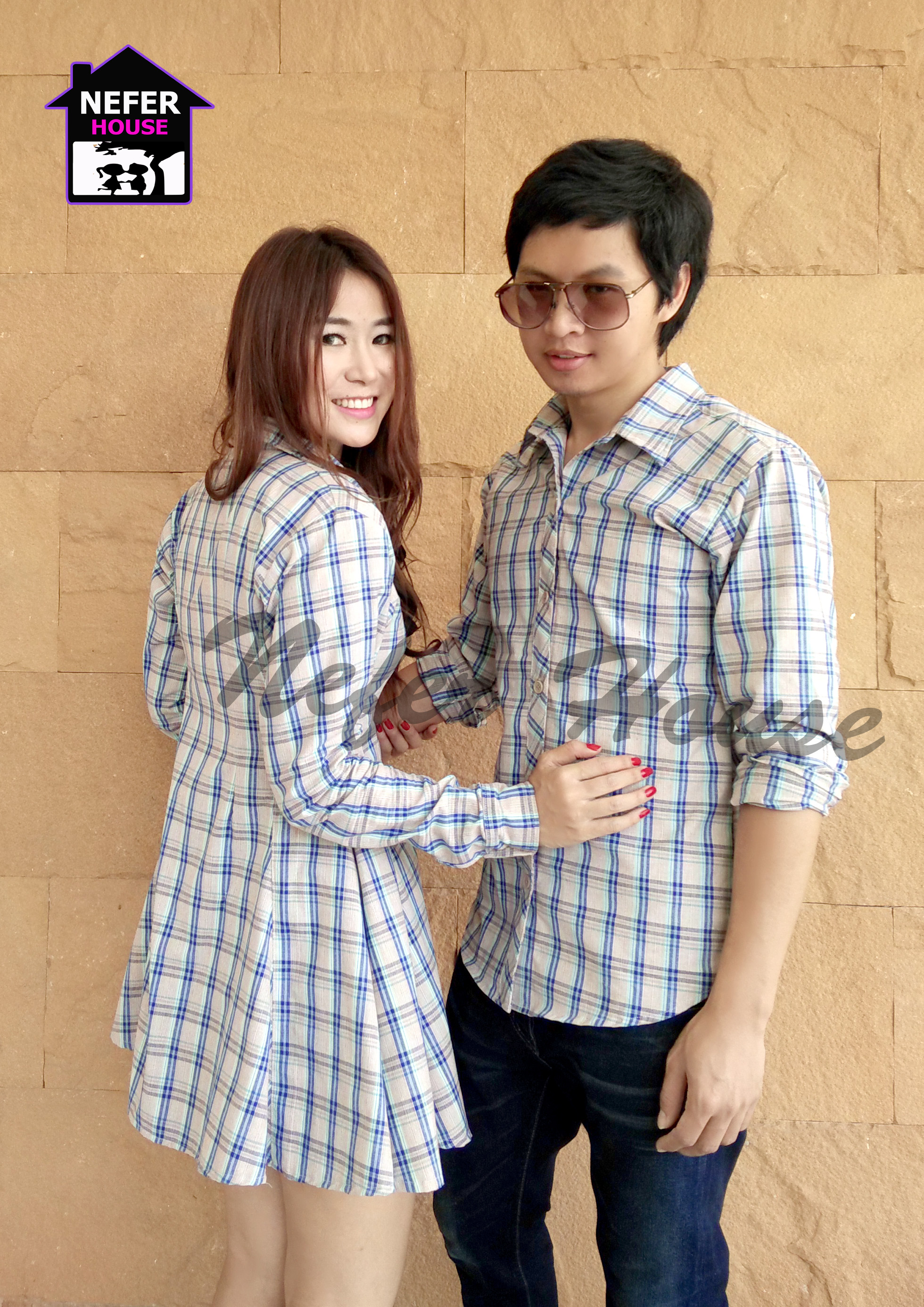 เสื้อคู่ลายสก็อตญี่ปุ่นโทนฟ้าครีม