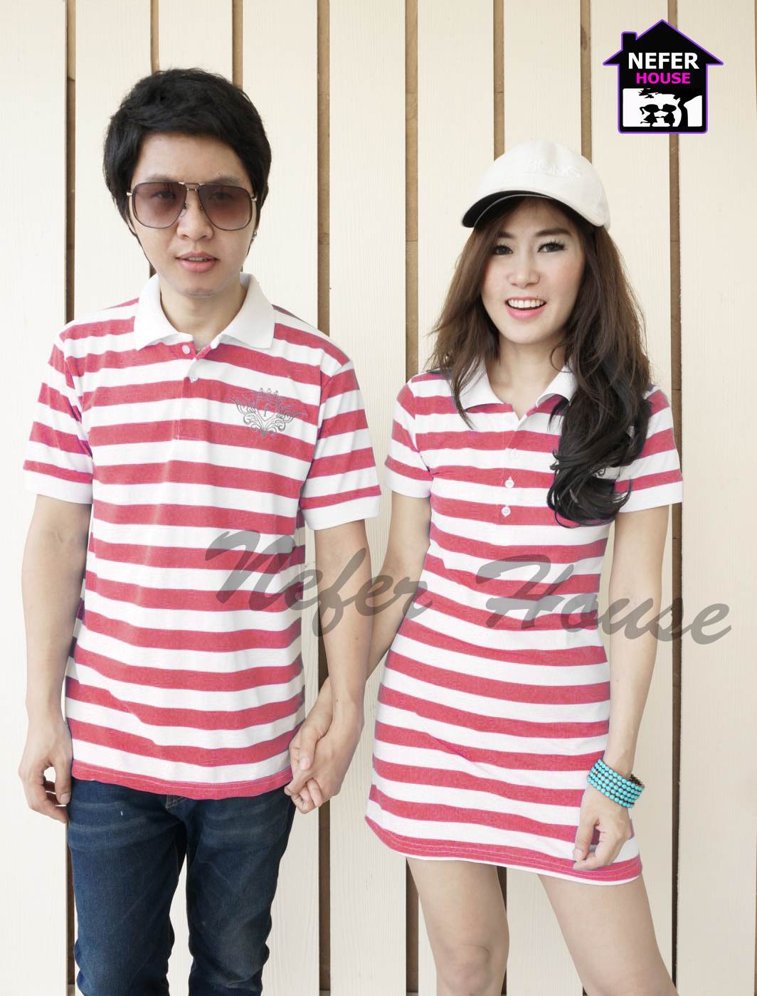 เสื้อคู่รักโปโล สีขาวตัดชมพูแนวสปอร์ต