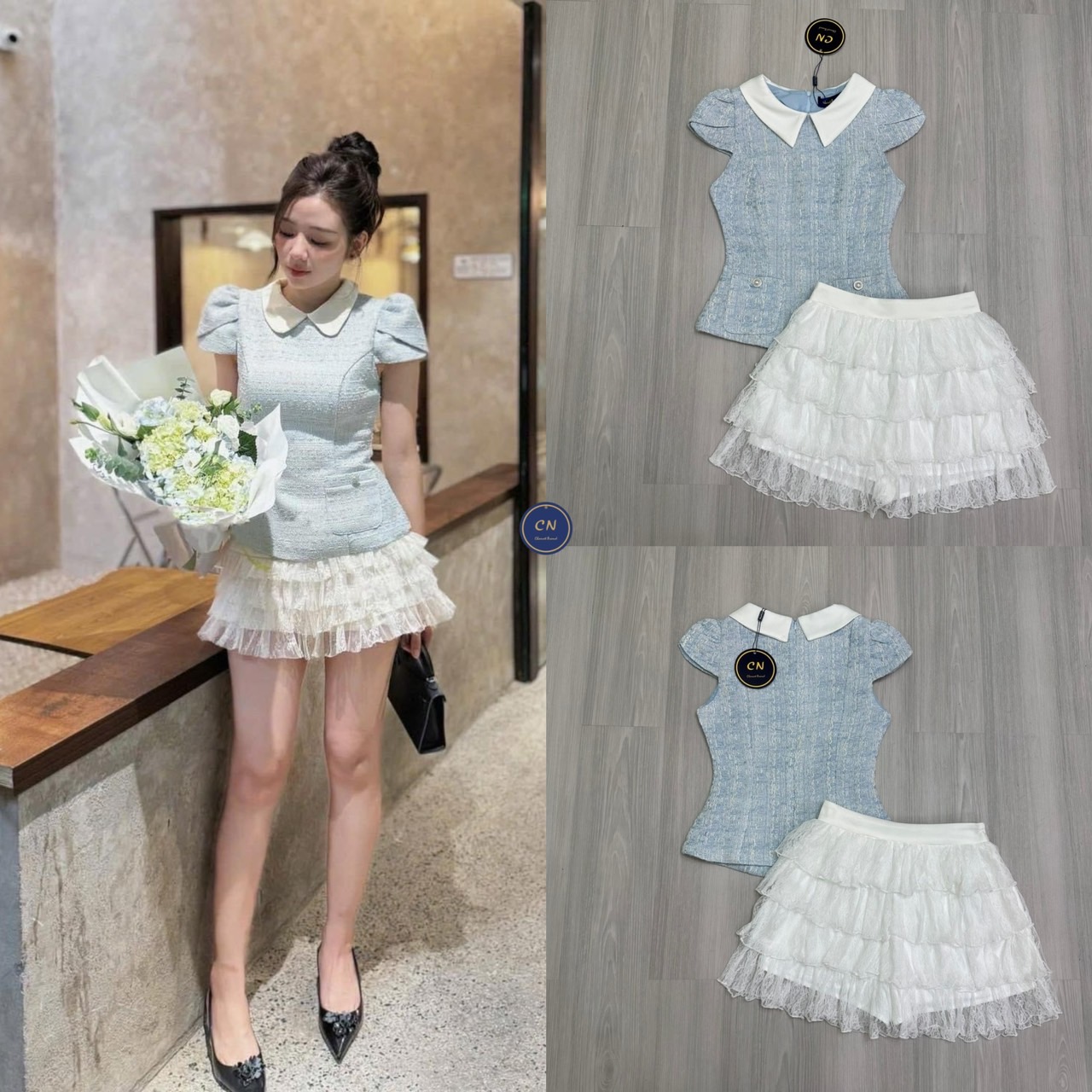 Set 2 ชิ้น เสื้อแขนสั้นปกไหล่ ผ้าทอทวีตสีฟ้า มีซิปหลัง และมีกระเป๋า2ข้างเย็บแต่งมุกทรงเข้ารูปสวย มาคู่กับกระโปรงสั้นสีขาวผ้าลูกไม้ระบายชั้นๆ ด้านในเป็นกางเกงผ้าเรียบ มีซิปข้าง เนื้อผ้าดี ทรงสวยน่ารักมากๆค่ะ