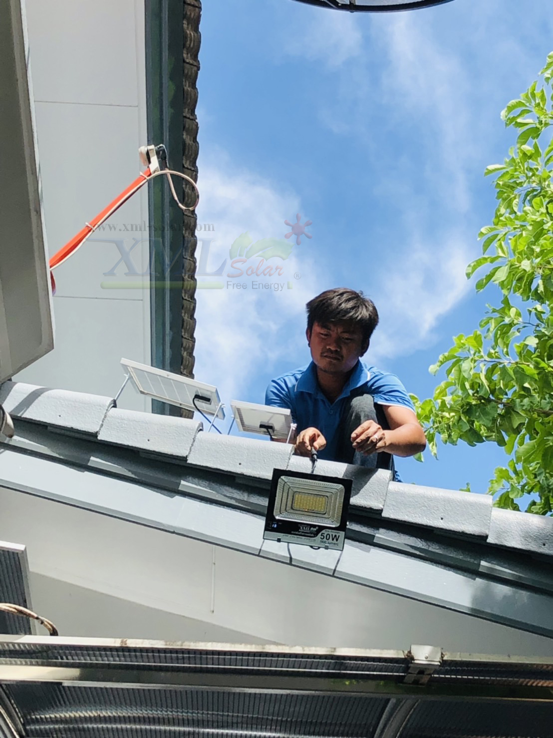 ไฟสปอตไลท์โซล่าเซลล์ 50 Watt กล่องสีน้ำตาล (เปิดได้ 3 แสง)