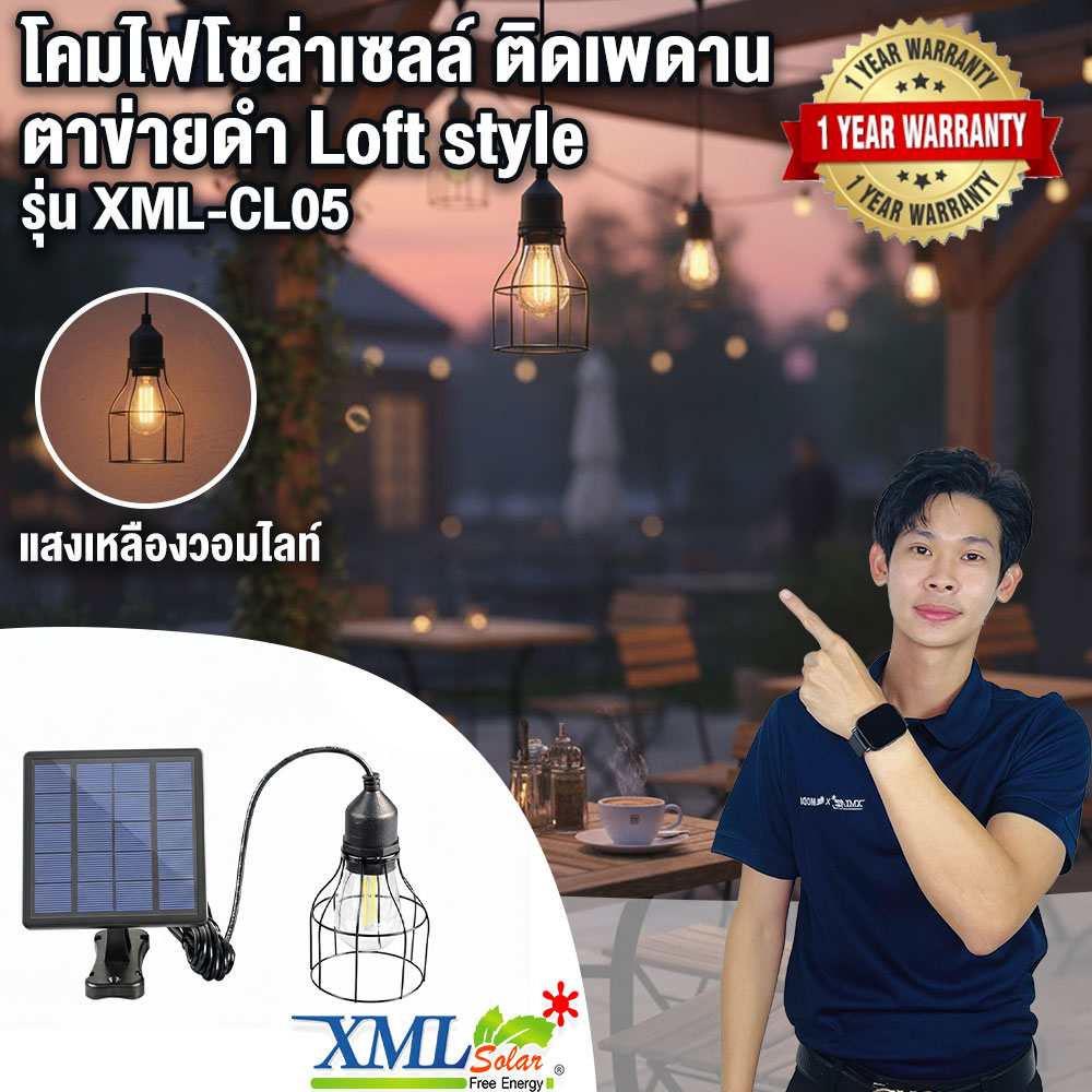 โคมไฟโซล่าเซลล์ ติดเพดาน รุ่นตาข่ายดำ Loft style (แสง เหลืองวอมไวท์)