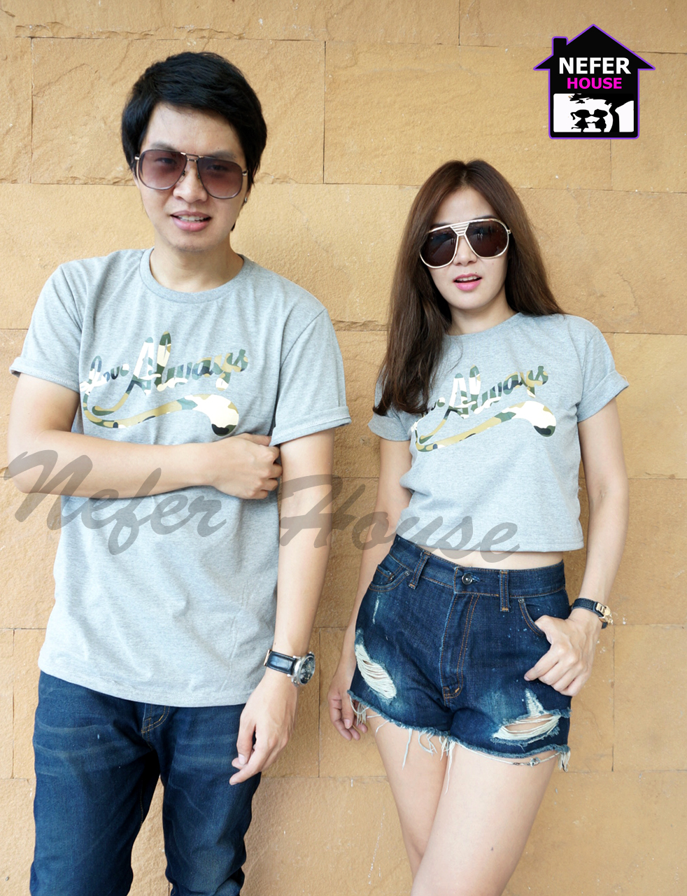 เสื้อยืดคู่รักแนวๆสีเทาสกรีนLove Alwaysลายทหารสุดชิค เสื้อผู้หญิงทรงเสื้อครอป