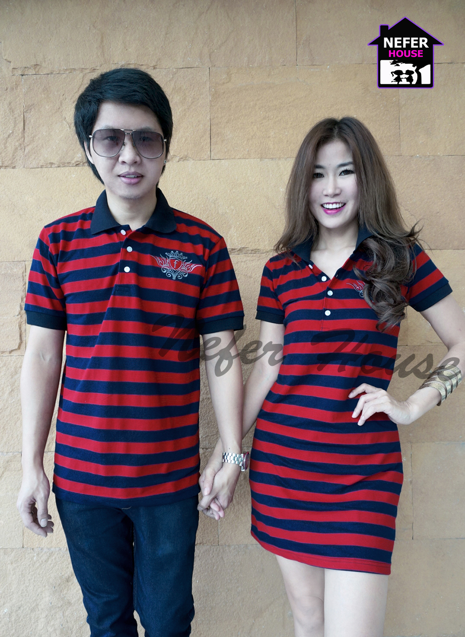 เสื้อคู่โปโลสีแดงริ้วกรม สีแดงมาแรงมากช่วงนี้