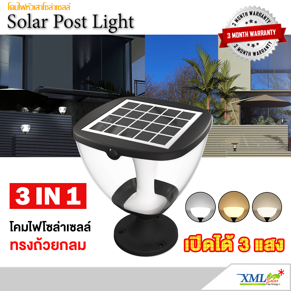 โคมไฟหัวเสาโซล่าเซลล์ ทรงถ้วยกลม (เปิดได้ 3 แสง)