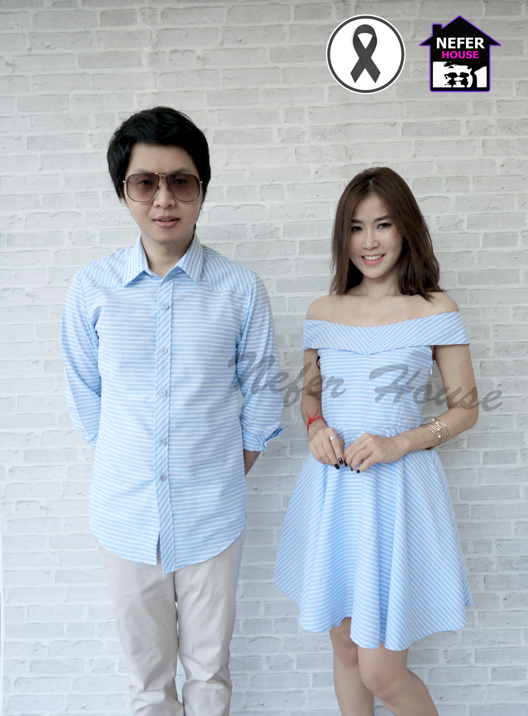 ชุดคู่รักออกงานฟ้าริ้วขาว