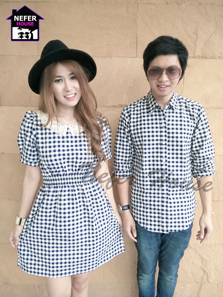 เสื้อคู่รัก ชุดคู่ลายสก๊อตน้ำเงิน ใส่สบายๆและดูน่ารักมาก