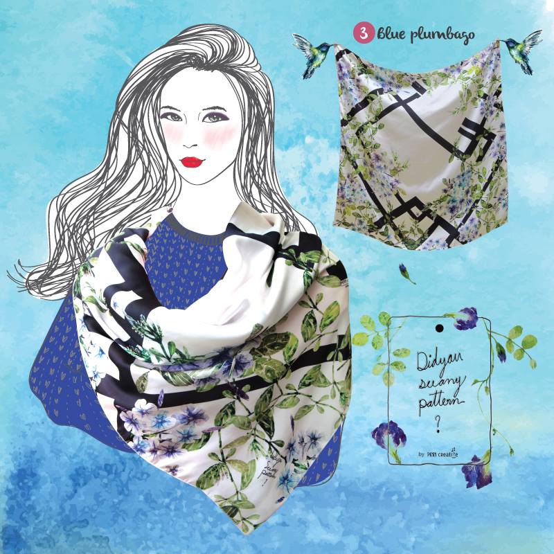 ผ้าพันคอพิมพ์ลายภาพวาดสีน้ำ Blue Plumbago