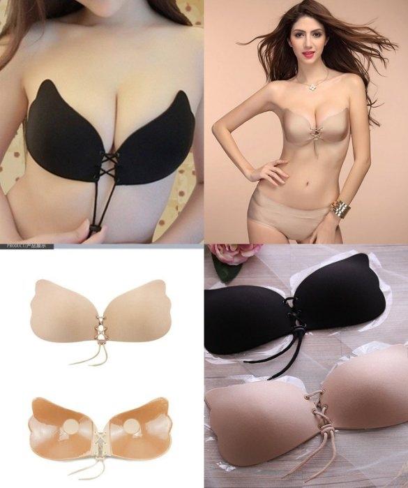 บราไร้สายทรงปีกนางฟ้า เชือกดึง ช่วยดันหน้าอกชิด มีคัพ A B C มี 2 สี ดำ เนื้อ ราคาส่ง 3 ชิ้น คละแบบได้ ราคาคู่ละ 290 บาท