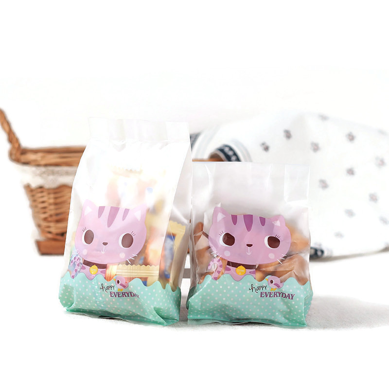 ถุงคุ๊กกี้ ถุงเบเกอรี่ แบบจีบข้าง รูปแมวสีม่วง 50 ใบ/ห่อ (Size : 7*14.5+3.5 cm)