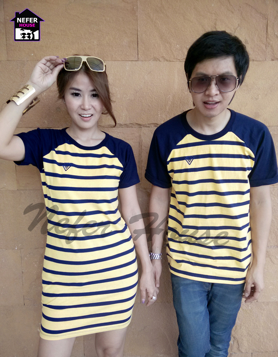 ชุดคู่รักพร้อมส่ง สีเหลืองริ้วสีน้ำเงินกรมสวยๆ