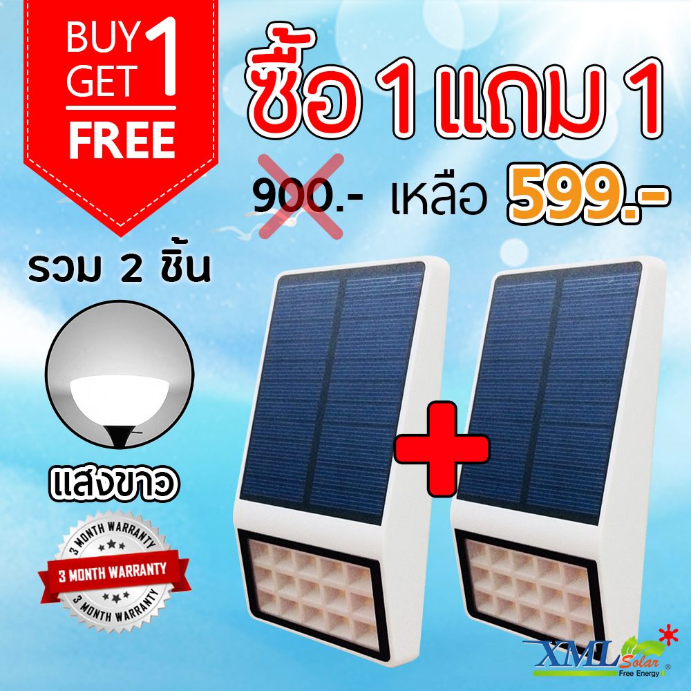 โคมไฟโซล่าเซลล์ ติดผนัง 15 SMD LED (ตัวแบน ขาว) (เเสง : ขาว) (1 แถม 1)