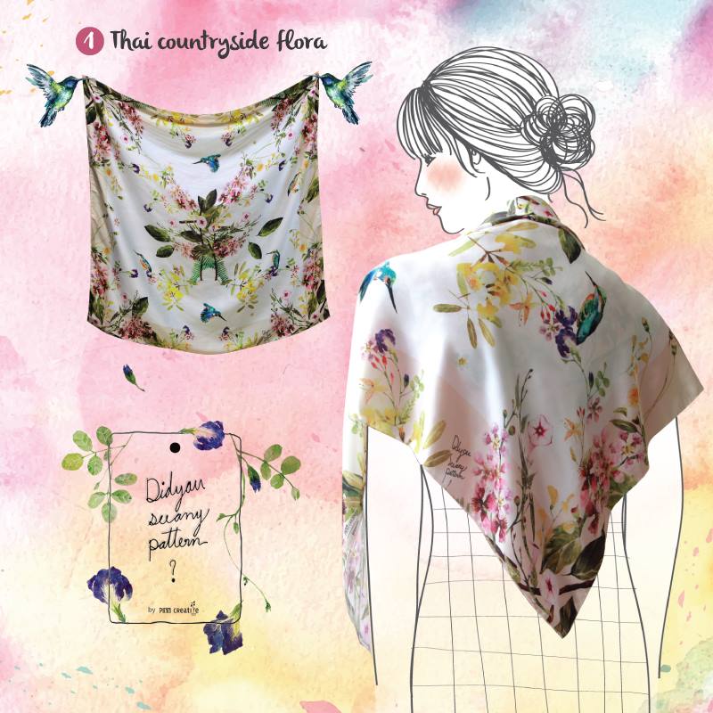 ผ้าพันคอพิมพ์ลายภาพวาดสีน้ำ Thai countryside flora