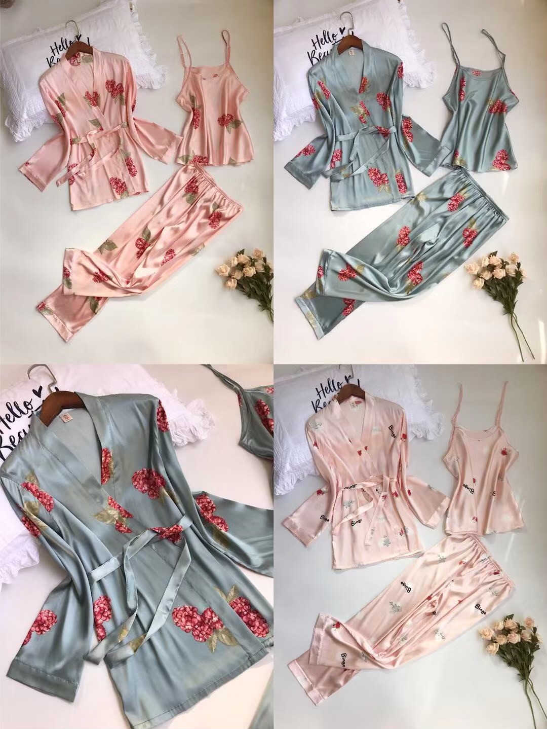 ชุดนอนสายเดี่ยว เสื้อคลุม พร้อมกกขายาว ผ้าซิลค์ซาติน เนื้อนิ่ม ใส่สบาย ใส่แล้วไม่ร้อน ฟรีไซส์ มี 7 ลาย ราคาส่ง 3 ชิ้น คละแบบได้ทั้งร้าน ชุดละ 550 บาท