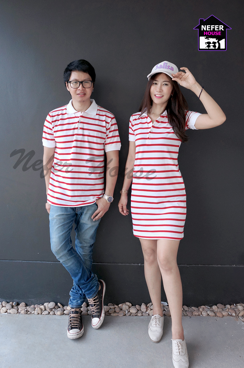 เสื้อคู่โปโลสีขาวริ้วสีแดงสวยสดใสมากๆ