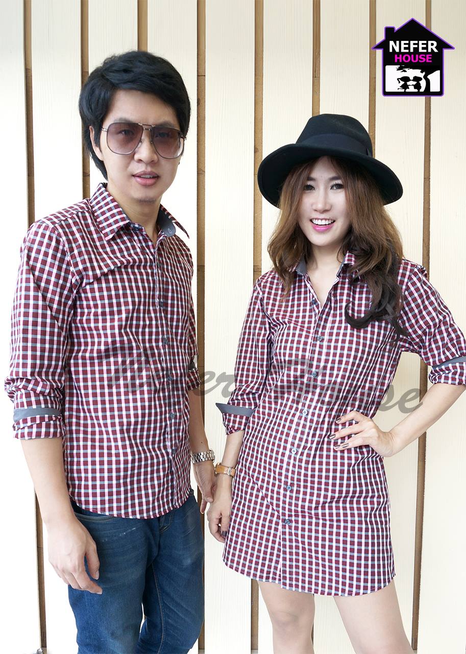 เสื้อเชิ้ตคู่รัก ทรงแซกของผู้หญิงลายสก็อตโทนสีแดง