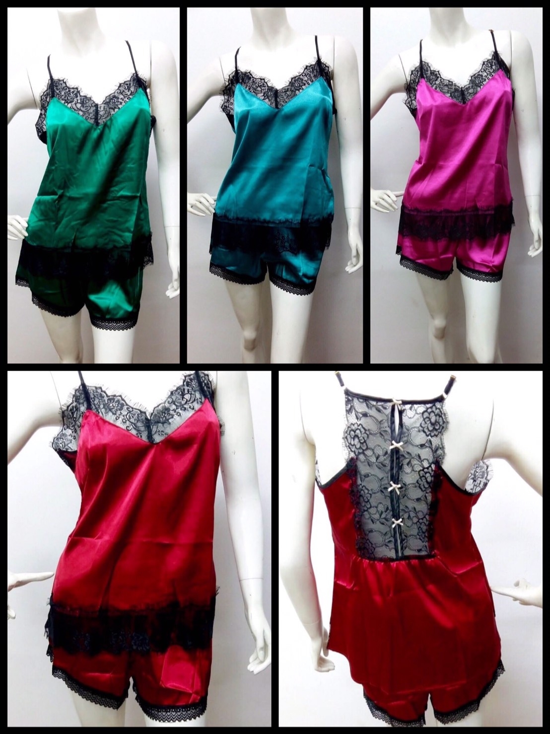 ชุดนอนผ้าซาตินเซ็ตสองชิ้น แต่งลูกไม้ ซีทรูด้านหลังสุดเซ็กซี่ ฟรีไซส์ มี 4 สี เขียว ชมพู แดง ฟ้า ราคาส่ง 3 ชิ้น คละแบบได้ชุดละ 450 บาท