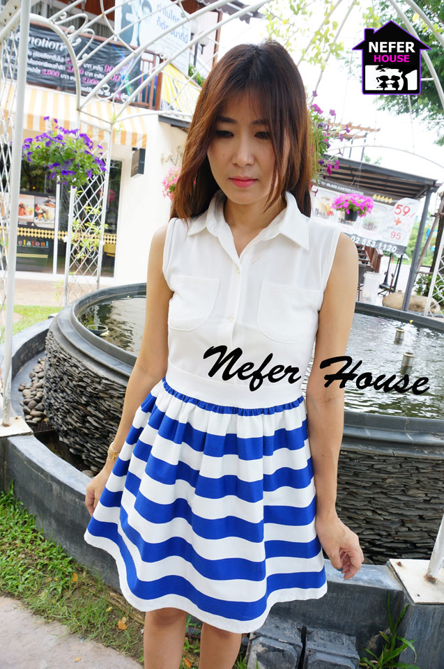 เสื้อคู่รัก ชุดคู่รัก สีน้ำเงินสด-ขาว ลายขวาง สวยมาก