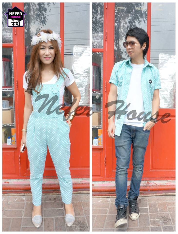 ชุดคู่รักแนวๆ เกาหลีเอี๊ยมขายาวสีเขียวจุดขาว