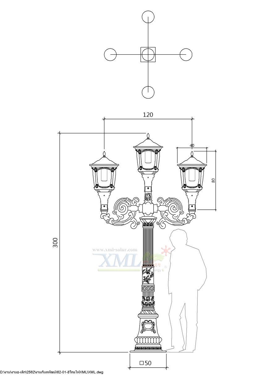 โคมไฟหัวเสาโซล่าเซลล์ 2,000 lumens (แสง:เหลืองวอมไวท์)