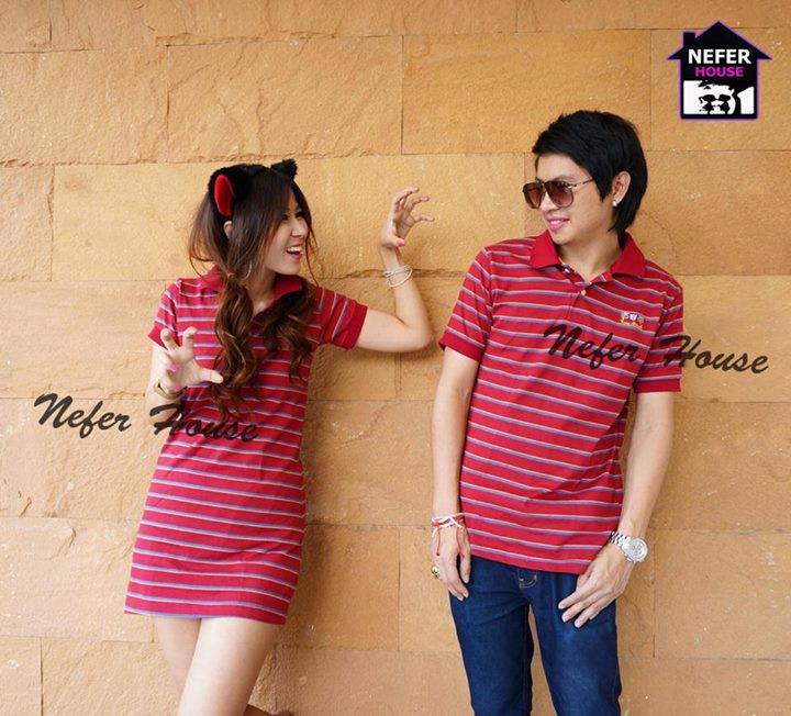 เสื้อโปโลคู่รัก สีแดงริ้ว