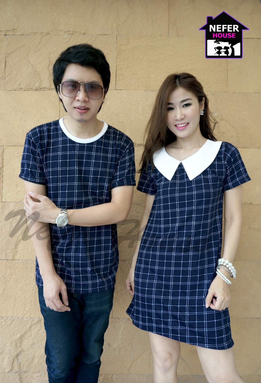 ชุดคู่รักเกาหลี ลายสก็อตสีน้ำเงินกรม-ขาว