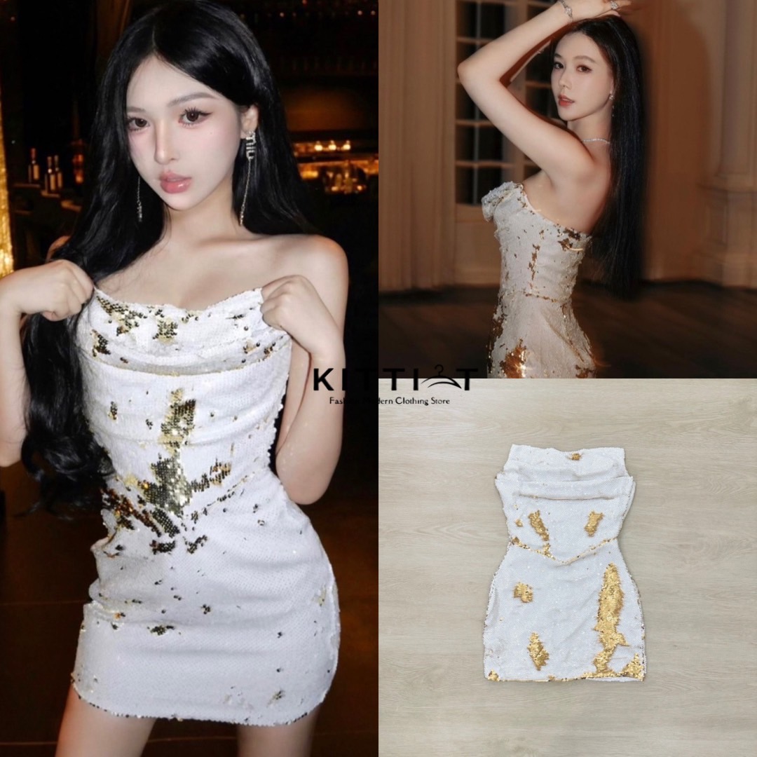 Dress เกาะอกผ้า ผ้ากลิตเตอร์ รุ่นนี้ 2 โทน สามารถฝ ชุดนี้ High fashion มาก สามารถ ทำเป็นสีทอง และ สีขาวได้ หรือ 2เล่นลวดลาย ตามใจชอบ ด้วยผ้า กลิตเตอร์ อย่างดี ด้วยการตัดเย็บแบบพิถีพิถัน ช่วงหน้าอกมีฟองน้ำเสริมหน้าอก มีการตกแต่งด้วยเพชรบริเวณตัวชุดทั้งตัวม