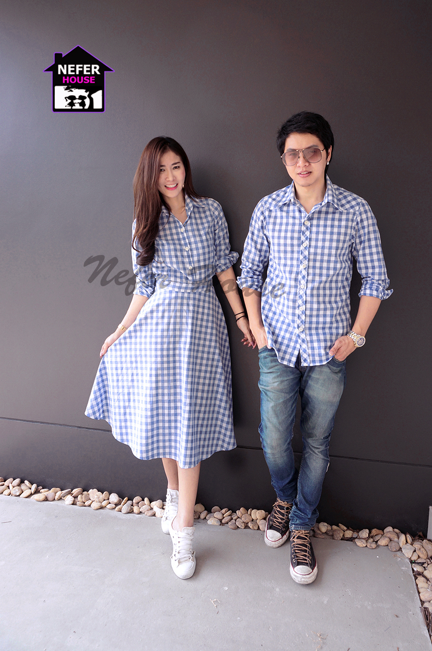 เสื้อคู่เชิ้ตลายสก็อตสีฟ้า