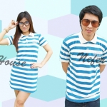 เสื้อโปโลคู่ ลายขวางสีน้ำเงินสด(ออกฟ้าสว่างๆ)สลับขาว