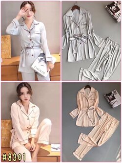 ชุดนอน เซ็ต 3 ชิ้น ผ้าsilk satin เนื้อนุ่มพริ้วบางเบา สวมใส่สบายไม่คัน ดีไซน์เรียบหรูซ่อนหวาน มี 2 สี เทา ครีม ชุดละ 690 บาท