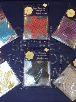 สติ๊กกเกอร์แปะจุกนม แบบเล่นแสง รูปดาวมีให้เลือกหลายสี 1 แพค มี 5 คู่ ราคาแพคละ 180 บาท