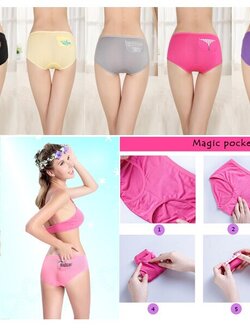 กางเกงในกระเป๋า พับเก็บได้ พกพาสะดวกสำหรับสาวที่รักการเดินทาง 1 กล่องมี 7สี 7ตัว ราคากล่องละ 550 บาท