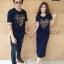 เสื้อคู่รักเกาหลี ทรงยาวสีกรมตัดกับสกรีนสีเหลืองทองรูปหัวใจ