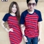 เสื้อคู่รักพร้อมส่ง ผ้ายืดแดงริ้วน้ำเงิน