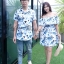 ชุดไปทะเลคู่พร้อมส่งโทนสีฟ้าขาวพิมพ์ลายทะเลต้นมะพร้าว