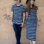 เสื้อคู่เกาหลี ผ้ายืดสีน้ำเงินกรมริ้วขาวทรงยาว