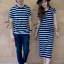 เสื้อคู่เกาหลี ผ้ายืดสีน้ำเงินกรมริ้วขาวทรงยาว