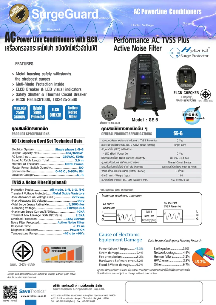 SurgeGuard SE-6 เครื่องกรองกระแสไฟฟ้า ชนิดตัดไฟรั่วอัตโนมัติ (Hybrid Surge Protector) 6 ช่อง