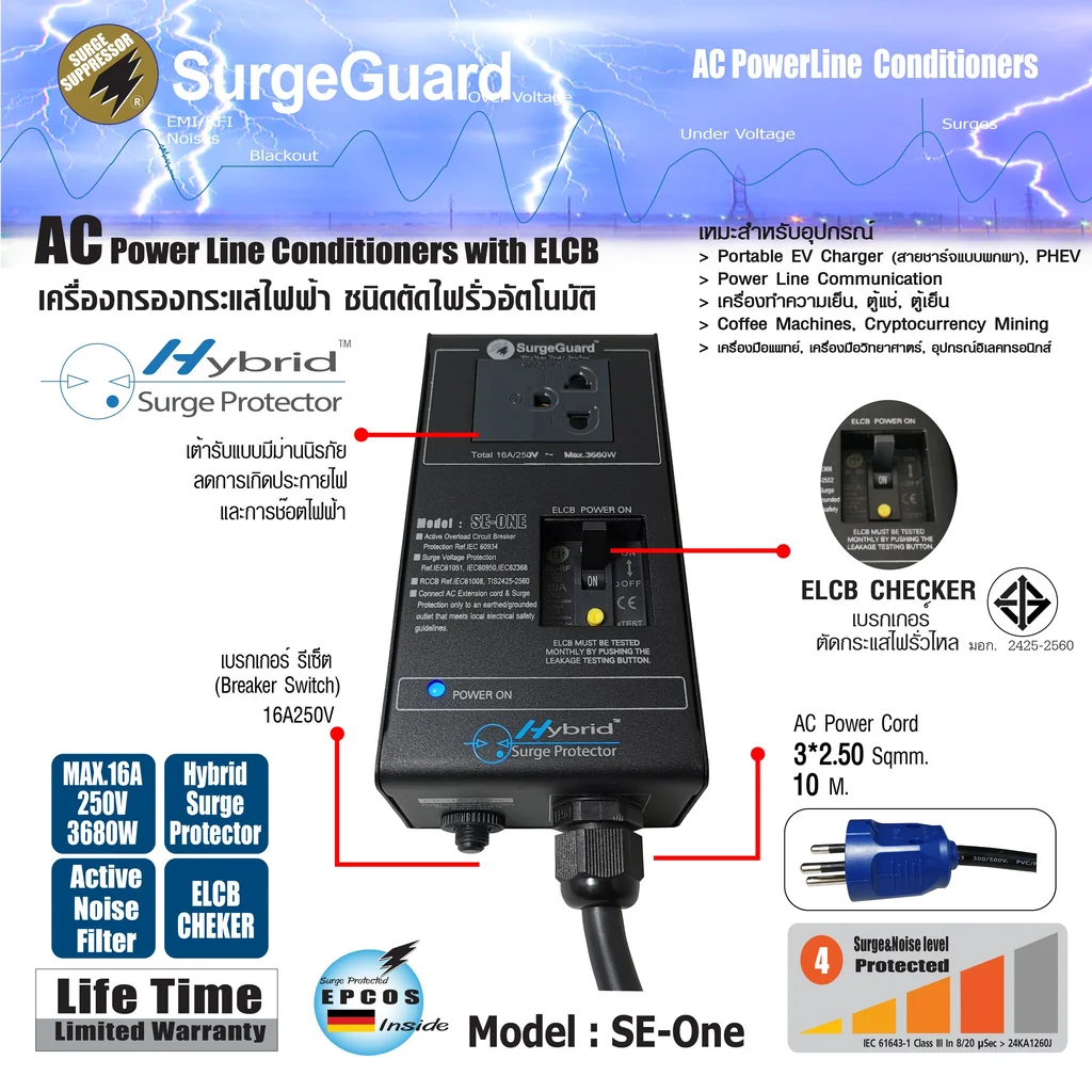 SurgeGuard SE-ONE Exclusived for EV Car เครื่องกรองกระแสไฟฟ้า ชนิดตัดไฟรั่วอัตโนมัติ สายไฟ 2.5 Sq.mm. กันกระชาก 20 เมตร SurgeGuard SE-ONE Exclusived for EV Car เครื่องกรองกระแสไฟฟ้า ชนิดตัดไฟรั่วอัตโนมัติ สายไฟ 2.5 Sq.mm. กันกระชาก 20 เมตร