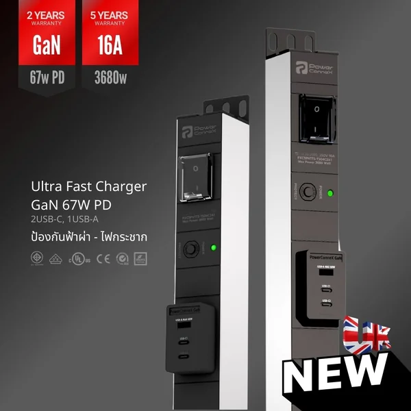 ปลั๊กไฟ PowerConneX PXC5PVTTS-TS06C2A1 ปลั๊กกันไฟกระชาก(หัวงอ) มี USB ที่ชาร์จเร็วที่สุด GaN67W image 2 ปลั๊กไฟ PowerConneX PXC5PVTTS-TS06C2A1 ปลั๊กกันไฟกระชาก(หัวงอ) มี USB ที่ชาร์จเร็วที่สุด GaN67W image 2