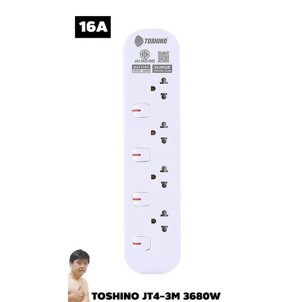 ปลั๊กไฟ Toshino กันไฟกระชาก JT4-3M 4 ช่อง สวิตช์แยก 16A 3 เมตร 3680W By มหาชะนี image 1