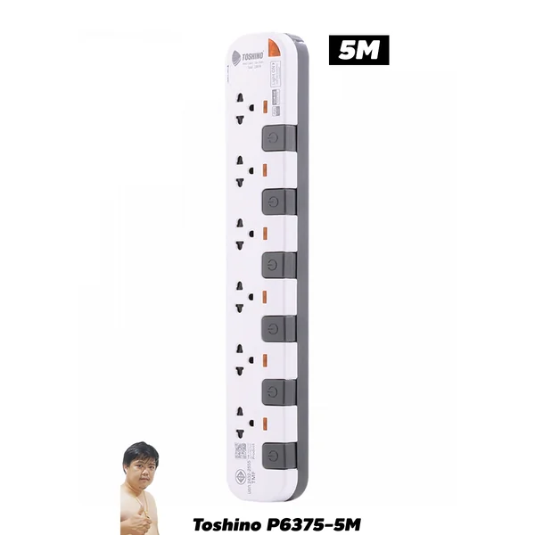 ปลั๊กไฟ Toshino กันไฟกระชาก P6375-5M 6 ช่อง สวิตช์แยก 10A 5 เมตร By มหาชะนี image 1 ปลั๊กไฟ Toshino กันไฟกระชาก P6375-5M 6 ช่อง สวิตช์แยก 10A 5 เมตร By มหาชะนี image 1