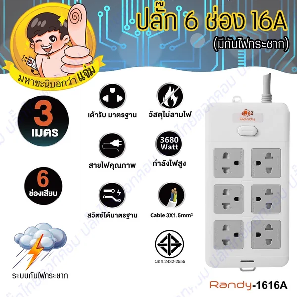 ปลั๊กไฟ Randy 1616-3M 6 ช่อง สวิตช์เดี่ยว 16A 3 เมตร image 2