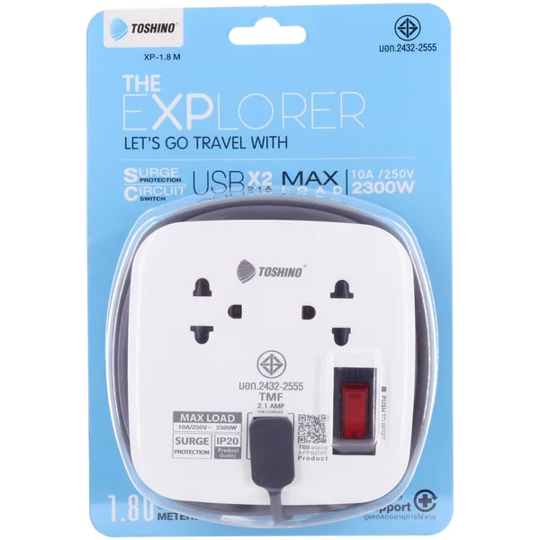 ปลั๊กพกพา Toshino XP-1.8m 2 เต้าเสียบ 2 USB 1.8 เมตร 10A 2300W มีกันไฟกระชาก image 2